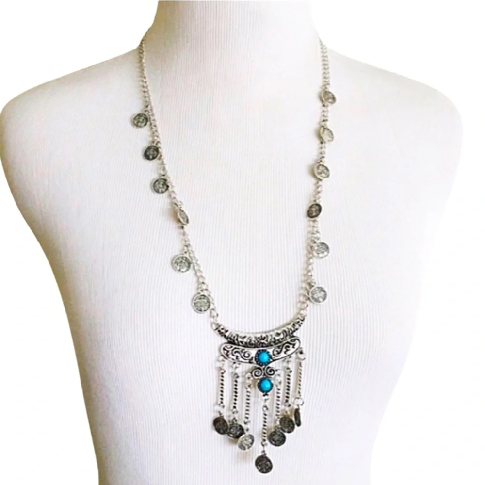 NWT Silver Colored Blue Beaded Long Boho Oversized Statement Necklace - Picture 2 of 6